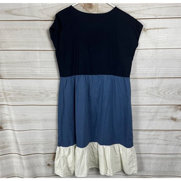 52Seven Blue & White Tiered Colorblock Cap Sleeve Linen Blend Dress Size 12 - Picture 5 of 10